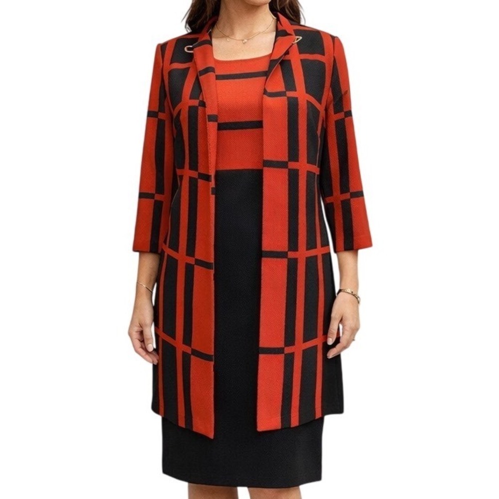 Danny & Nicole 2 Piece Dress Jacket Set Red Black Geometric Career Womens Size 8